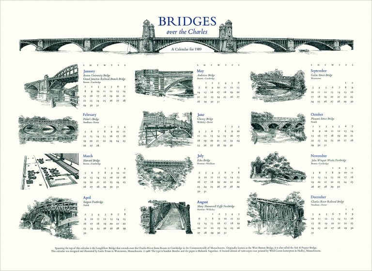 Bridges over the Charles calendar by Leslie Evans, Sea Dog Press