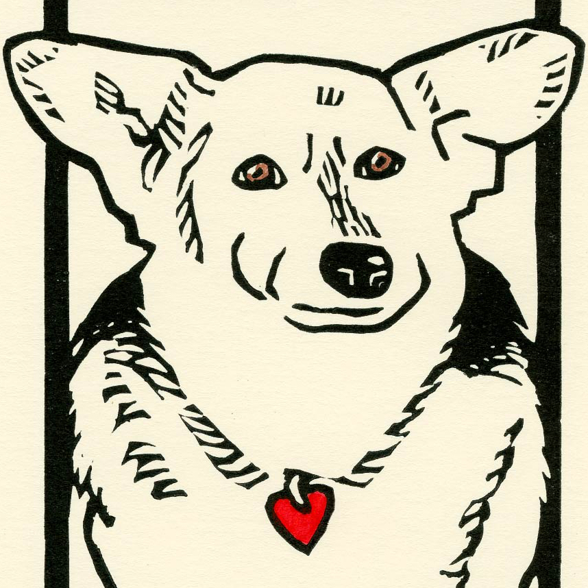 linocut dog art by Leslie Evans, Sea Dog Press